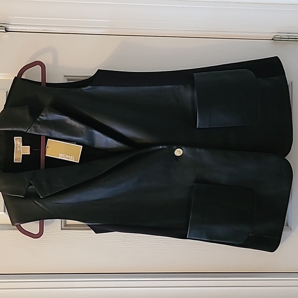 NWT:  MICHAEL KORS AUTHENTIC WOMENS BLACK FAUX LEATHER LONG VEST SIZE XS - Picture 1 of 16